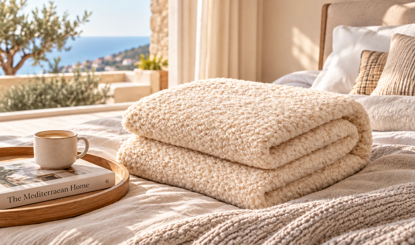 Cream chunky knit blanket folded on a bed beside a cup of coffee on a wooden tray